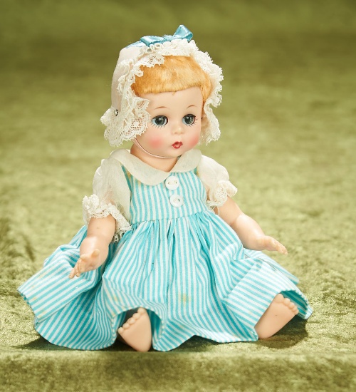 8" Vinyl Little Genius in Striped Play Dress with Puffed Sleeves and Lace Cap c. 1959