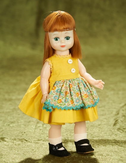 8" Maggie Mix-up in a Mustard Yellow Sundress with Print Apron, 1960