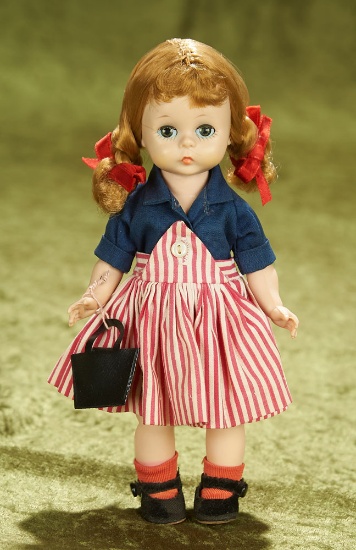 8" Alexander-kins Wearing a Red and White Pinafore and Navy Romper, c. 1957