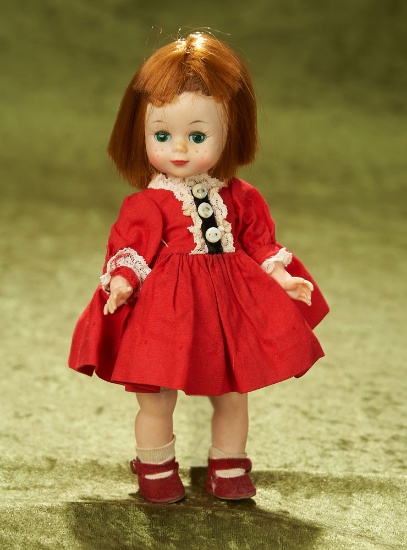 8" Madame Alexander Maggie face doll, bent knee walker dressed in Red