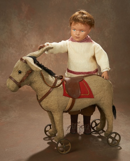 German Flannel Wool Donkey on Cast Iron Wheels by Steiff  800/1100