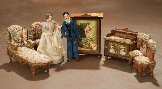 Set of Petite German Dollhouse Furnishings and Two Dollhouse Dolls 600/800