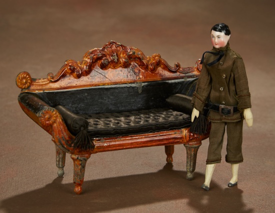 Early German Porcelain Doll with Wooden Articulated Body and Pressed Tin Sofa 700/900