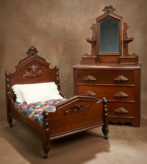 Victorian Doll's Walnut Bed and Dresser with Mirror 400/500