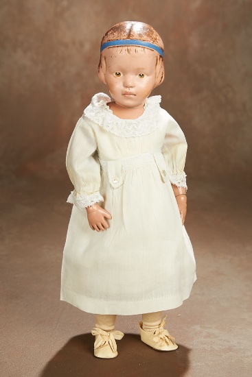 American Carved Wooden Doll by Schoenhut, Model 105, Carved Hair, Headband 700/900