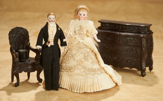 German Bisque Dollhouse Gentleman and Lady with Furnishings 500/700