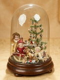 Wonderful Vignette of Holiday Party with Feather Tree and Dolls, In Glass Dome 1200/1500