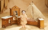 French Maple Wood Doll's Bedroom Ensemble in Unusual Petite Size 700/900