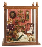 Vignette of Holiday Scene with Feather Tree, Dolls and Toys in Cabinet 1200/1500