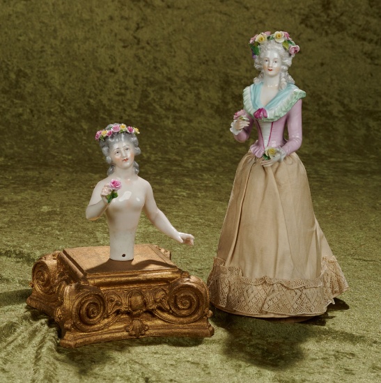 5" Two German porcelain half-dolls with Dresden flower coronets, one signed by Dressel & Kister