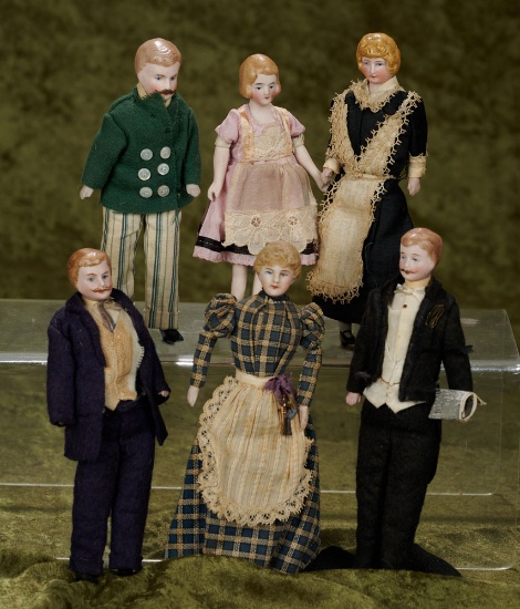 5"-7" Six German bisque dollhouse people in original factory costumes