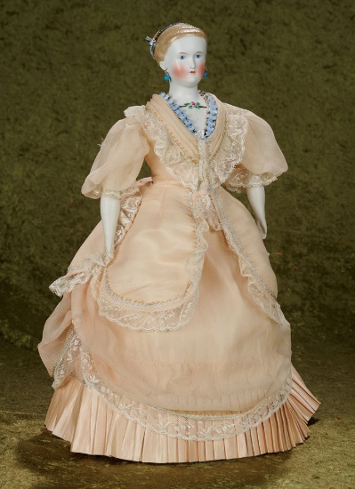 17" German bisque lady doll, rare sculpted decorated brown hair, sculpted bodice  $700/900