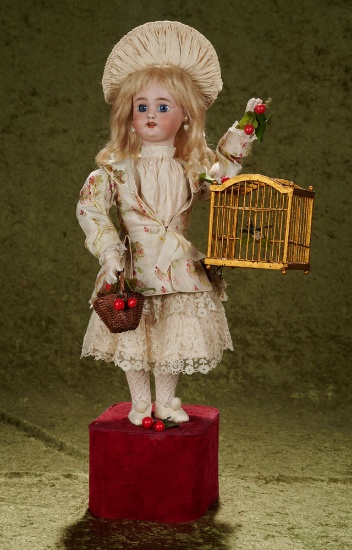 20" French musical automaton of girl with bird cage by Leopold Lambert $2500/3200