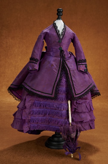 French Royal Purple Silk Poupee Gown with Matching Bone-Handled Parasol. $600/800