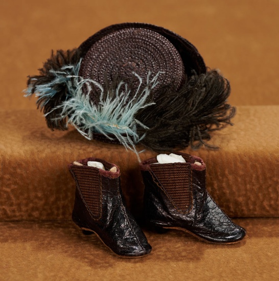 French leather ankle boots and woven bonnet from Au Calife de Bagdad boutique $600/800