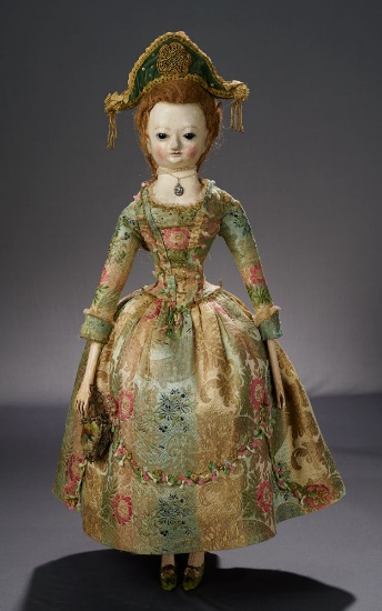 18th Century English Wooden Doll with Fine Costume and Accessories 60,000/85,000