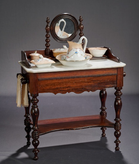 French Mahogany Marble Top Toilette Table with Accessories for Poupee 600/800