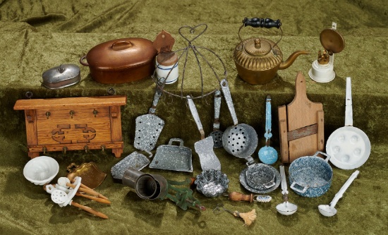 Tray of Antique Miniature Kitchenware Utensils, Accessories