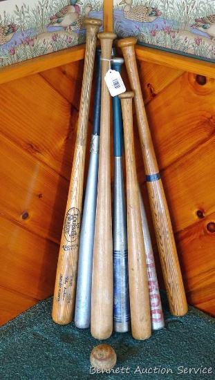 Seven baseball bats - four wooden and three aluminum, plus a ball. Big Stick is 33", Louisville 175