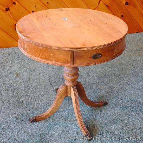Antique round side table with two drawers will be easily completed by adding leather top or new