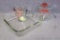 Pyrex 2 cup measuring glass; Anchor 2 cup measuring glass; 8 x 8 Pyrex glass baking dish.