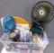 Assorted items incl. clothespins, personal fan (works), corner shelf kit, night light bulbs,