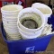 Sterlite 30 gallon tote filled with pots and hangers.
