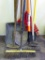 Eight yard tools incl. unique hoe, leaf rake, broom, garden rake with fiberglass handle, spade