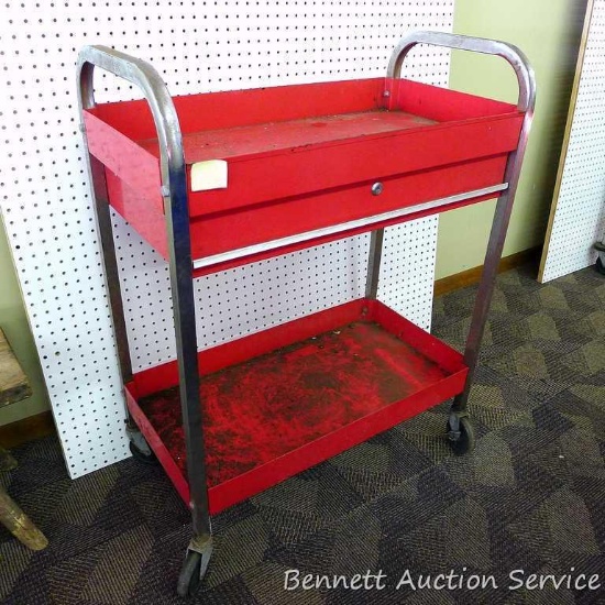 Rolling tool cart with pull out drawer, approx. 16" x 30" x 32" high. Good condition.