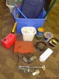 Roughneck tote with one gallon gas tote, PVC fittings, Snap-On case, drill motor, citronella and