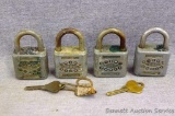 Four Fraim padlocks. Two keyed alike, one without key.