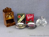 Two tobacco cans; wooden match box holder; unique cigarette lighter; more. Tobacco cans incl.