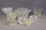 NO SHIPPING. Decorative glassware incl. candle holders, pitcher, more. Tallest piece is 5