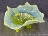 Beautiful decorative footed dish. Believe it is Vaseline glass. In great condition.
