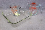 Pyrex 2 cup measuring glass; Anchor 2 cup measuring glass; 8 x 8 Pyrex glass baking dish.