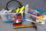 Two totes of misc. items including Craftsman Robo Grip, side marker lights, propane gas gauge,