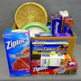 Assorted bags incl. Reynold wrap, trash bags, ziplock bags and more. Also includes paper plates and