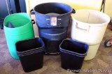 Three garbage cans incl. Rubbermaid Roughneck 32 gallon; five new Rubbermaid waste baskets.