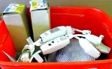 Tote of electrical items incl. 20 amp electrical cord safety device, plastic box extenders adjust up