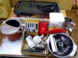 Large assortment of kitchen items incl. Toastmaster grill, flour sifters, steamer, bundt pan,