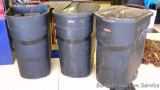 Three Rubbermaid Roughneck 45 gallon garbage cans with wheels. Only two lids included. Stackable.