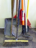 Eight yard tools incl. unique hoe, leaf rake, broom, garden rake with fiberglass handle, spade