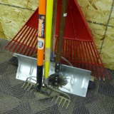 Cultivator with fiberglass handle, 4 1/2 ft.; edger; garden rake with fiberglass handle; hoe; broom;