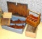 Wooden boxes, organizers, expanding peg racks, caddy. Gray painted wooden box has dividers inside as