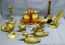 Brass and wooden book ends; other brass pieces including ducks, reindeer, vase, and decorative