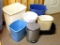 Nine assorted little garbage cans are all in good shape. Tallest is 18