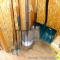 Back saver style snow shovel, spade shovel, flat bottom shovel, pitchfork, hoe.
