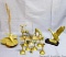 Collection of brass pieces including deer book ends, little almost matching candlesticks; cattails,