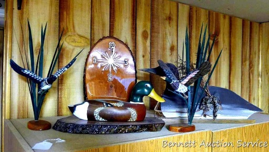 Unique duck and loon decorations, polished wood clock with mallard on base, wooden loon measures