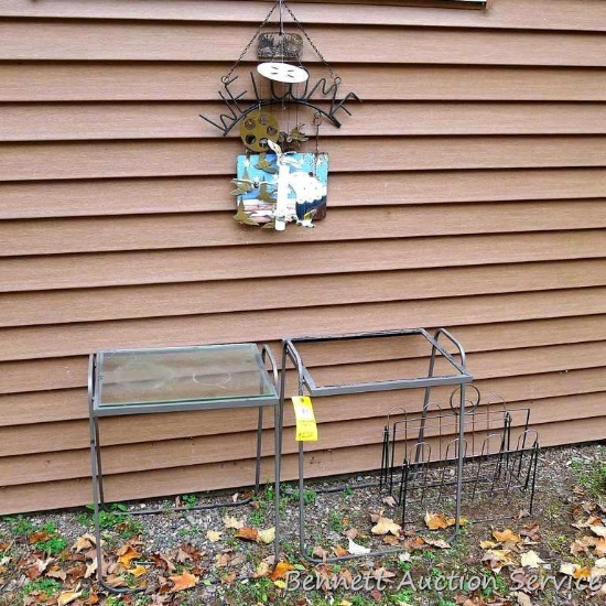 Handy little plant table; ceramic mallard chimes and two other duck chimes sound beautiful; Welcome